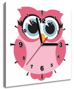 Obraz s hodinami Růžová sovička s modrýma očima Rozměry: 30 x 30 cm