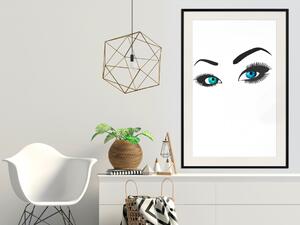 Plakát Dvojí oči - kompozice s modrýma očima ženy na bílém pozadí