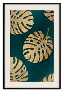Plakát Zlaté luxusní listy - glamourózní kompozice na smaragdovém pozadí a rostlinách