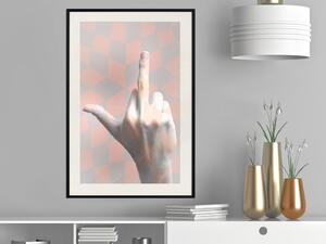 Plakát F*ck you! - šedo-růžová kompozice s rukou v geometrickém vzoru