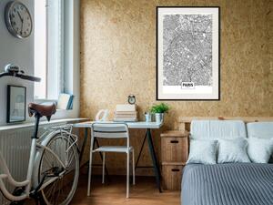 Plakát Mapa Paříže - černo-bílá mapa francouzského města s jednoduchými nápisy