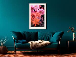 Plakát Jarní vánek - botanická kompozice růžových květů na černém pozadí