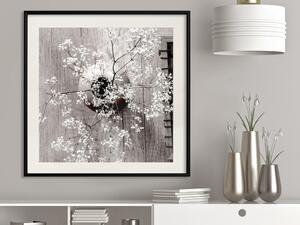 Plakát Suché květiny (čtverec) - botanická kompozice s vázou na dřevě