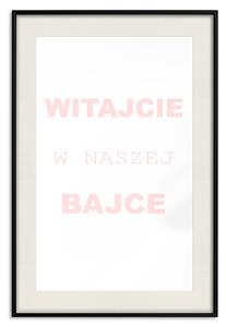 Plakát Vítejte v naší pohádce - růžové polské texty na bílém pozadí