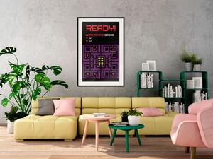 Plakát Ready! - anglické texty a ikony ovoce na mapě z hry Pacman