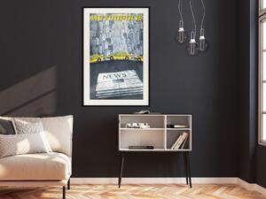 Plakát Metropolis - noviny s texty a žlutá auta na pozadí mrakodrapů
