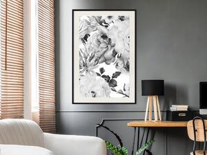 Plakát Jednobarevné Květiny - černobílý motiv květin a listů na bílém pozadí