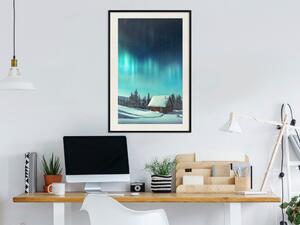 Plakát Aurora a modré noci - zimní krajina chatky zasypána sněhem