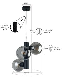 Lustr na lanku TUBE 3xE27/60W/230V černá/kouřová černá
