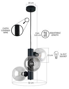 Lustr na lanku TUBE 3xE27/60W/230V černá/čirá