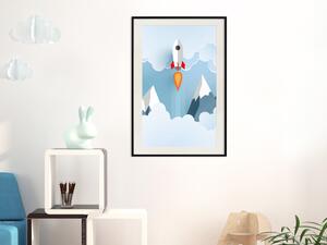 Plakát Raketa ve vzduchu - let rakety na pozadí hor a mraků v pastelovém stylu