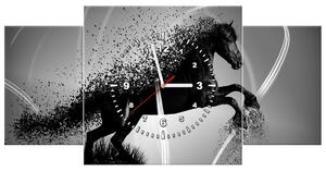 Obraz s hodinami Černobílý kůň, Jakub Banas - 3 dílný Rozměry: 90 x 70 cm