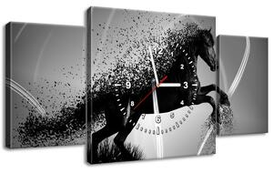 Obraz s hodinami Černobílý kůň, Jakub Banas - 3 dílný Rozměry: 80 x 40 cm