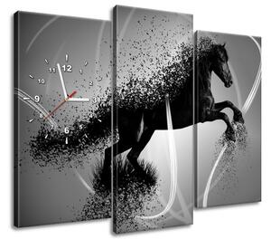 Obraz s hodinami Černobílý kůň, Jakub Banas - 3 dílný Velikost: 90 x 70 cm