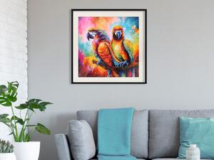 Plakát Barevní papoušci - papoušci na stromě na pozadí abstraktních barev