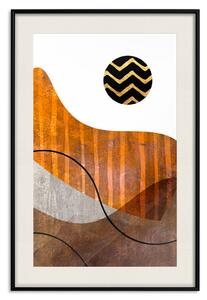 Plakát Plynulý pohyb - abstraktní hnědé vlny a kruh s vzory na bílém pozadí
