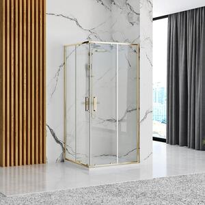 Rea Punto, sprchový kout s posuvnými dveřmi 80(dveře) x 80(dveře) x 190 cm, 5mm čiré sklo, zlatý lesklý profil + bílá sprchová vanička Savoy, KPL-K6441