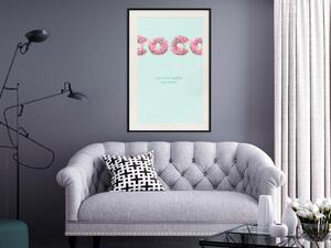 Plakát Móda pro sladkosti - abstraktní text s koblihami na pastelovém pozadí