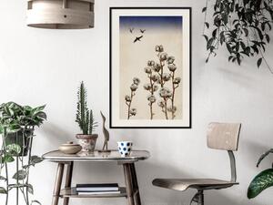 Plakát Větvičky Bavlny - krásná kompozice s rostlinami a ptáky na pozadí nebe