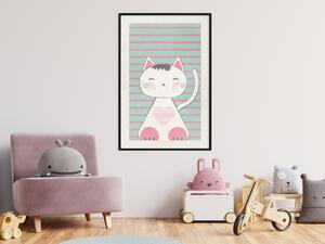 Plakát Pruhovaná Kočka - zvíře s srdcem na pozadí tyrkysové pruhované zdi