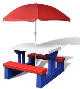 Dětský piknikový stůl, lavičky a slunečník vícebarevný