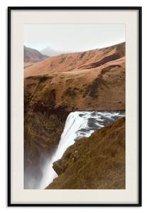 Plakát Rdostné kopečky - krajina řeky tvořící vodopád na pozadí hnědých hor