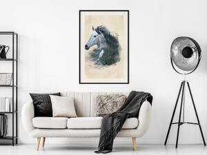 Plakát Poselství svobody - šedý kůň obklopený přírodou na béžové textuře