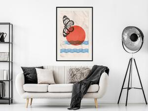 Plakát Motýl a východ slunce - abstraktní motýl a vlny na papíře