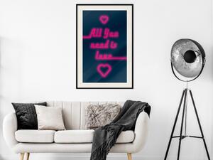 Plakát All You Need Is Love - růžové neonové nápisy v angličtině a srdíčka