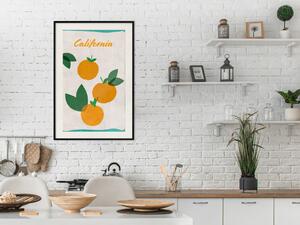 Plakát Kalifornský sad - oranžové plody s listy a text na světlém pozadí