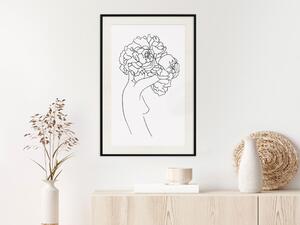 Plakát Zahradnice - abstraktní line art ženy s květinami na bílém pozadí