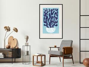 Plakát Tmavě modrá kompozice - anglické nápisy a abstraktní rostlina