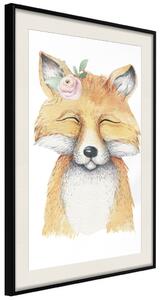 Plakát Červená liška - portrét červené lišky s květinou na kontrastním pozadí