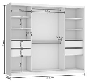 Šatní skříň 232 cm Belini černý mat / bílý lesk s posuvnými dveřmi zrcadlem a zásuvkami MGB SZP8/0/B/2W1L/KLP
