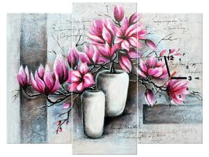 Obraz s hodinami Růžové magnolie ve váze - 3 dílný Rozměry: 100 x 70 cm