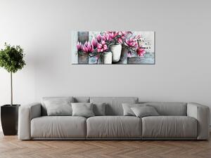 Obraz s hodinami Růžové magnolie ve váze Rozměry: 100 x 40 cm