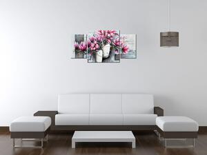 Obraz s hodinami Růžové magnolie ve váze - 3 dílný Rozměry: 90 x 30 cm