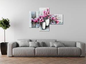 Obraz s hodinami Růžové magnolie ve váze - 3 dílný Rozměry: 100 x 70 cm