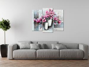 Obraz s hodinami Růžové magnolie ve váze - 3 dílný Rozměry: 90 x 30 cm