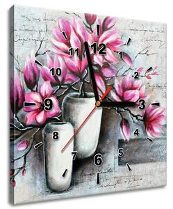 Obraz s hodinami Růžové magnolie ve váze Rozměry: 100 x 40 cm
