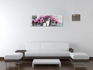 Obraz s hodinami Růžové magnolie ve váze - 3 dílný Rozměry: 80 x 40 cm
