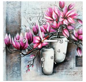 Obraz s hodinami Růžové magnolie ve váze Rozměry: 60 x 40 cm