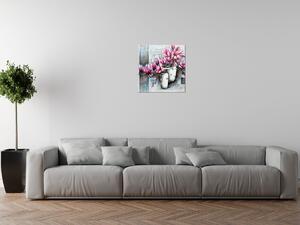 Obraz s hodinami Růžové magnolie ve váze Rozměry: 60 x 40 cm