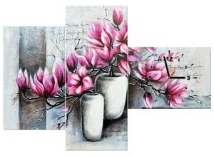 Obraz s hodinami Růžové magnolie ve váze - 3 dílný Rozměry: 90 x 70 cm