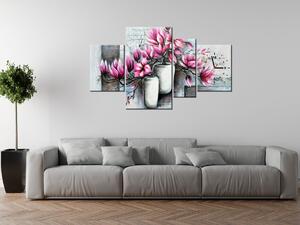 Obraz s hodinami Růžové magnolie ve váze - 4 dílný Rozměry: 140 x 70 cm