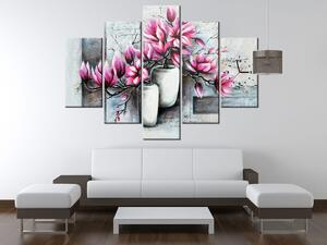 Obraz s hodinami Růžové magnolie ve váze - 5 dílný Rozměry: 150 x 105 cm