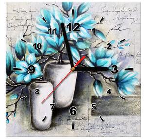 Obraz s hodinami Modré magnólie ve vázách Rozměry: 30 x 30 cm