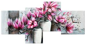 Obraz s hodinami Růžové magnolie ve váze - 4 dílný Rozměry: 140 x 70 cm