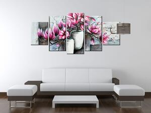 Obraz s hodinami Růžové magnolie ve váze - 5 dílný Rozměry: 150 x 70 cm