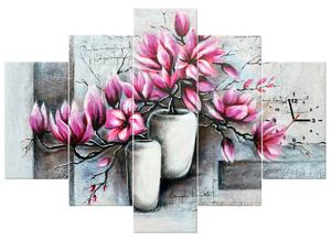 Obraz s hodinami Růžové magnolie ve váze - 5 dílný Rozměry: 150 x 105 cm